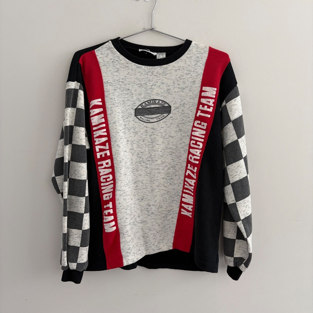 Vintage Cotler Kamikaze Racing Team Sweatshirt Black Grey Red Checkered L